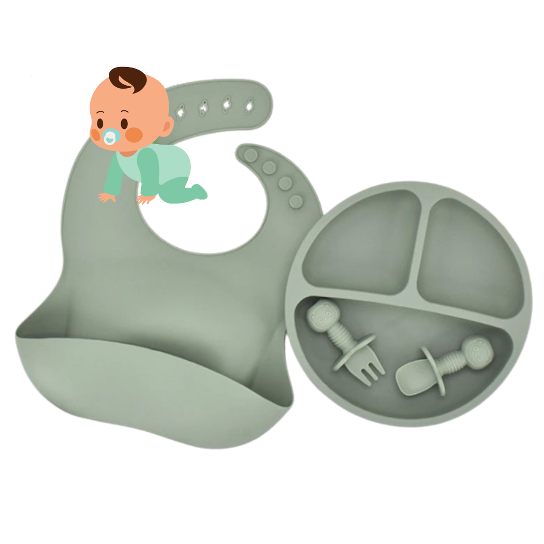 Assiettes, bavoir et couvert en silicone